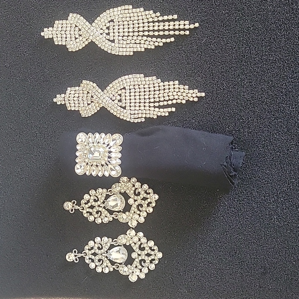 Combo-Silver Chandelier and Silver Dangle Rhinestone Earrings, Ring